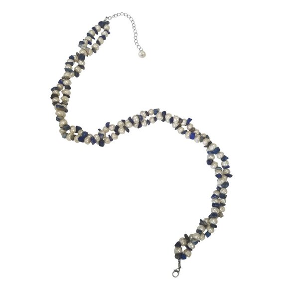 Pearls & Lapis Lazuli Choker Necklace Baroque Freshwater Pearls and Lapis Chips - Picture 8 of 10